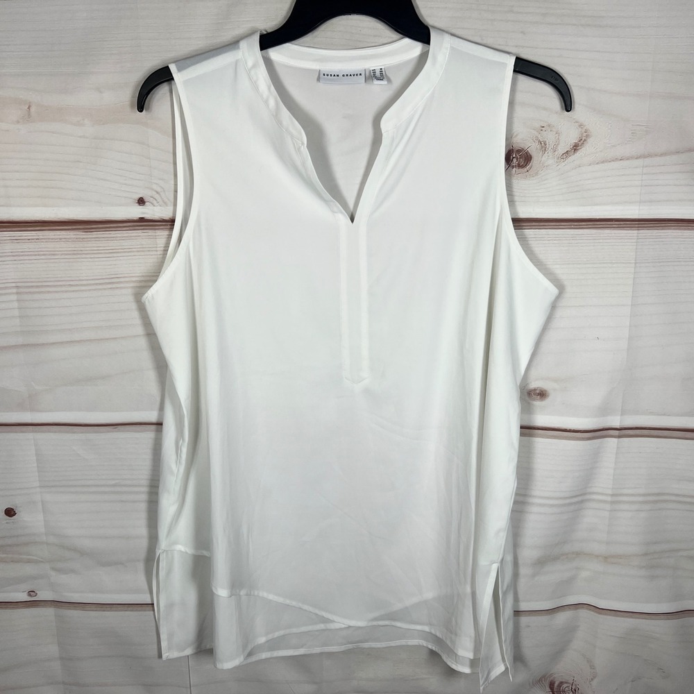 Susan Graver V-Neck Blouse Womens 16 White Solid Sleeveless Woven Tunic Pullover